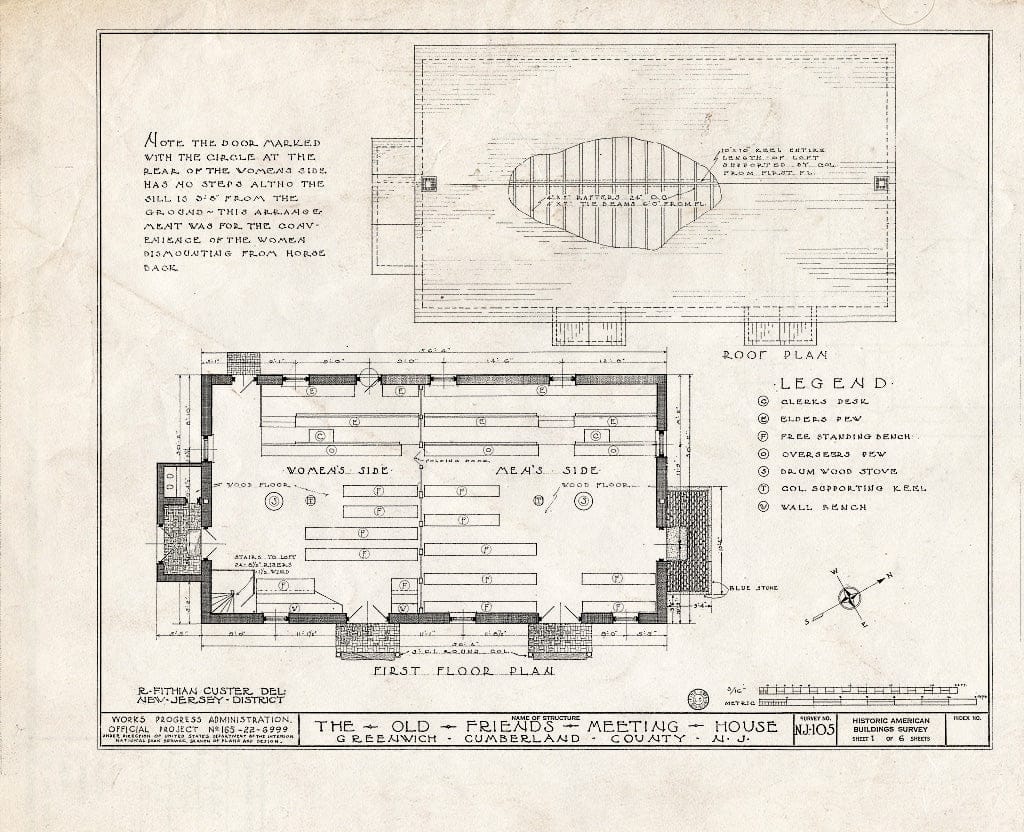 Historic Pictoric : Blueprint HABS NJ,6-GREWI,2- (Sheet 1 of 6) - Old Friends Meetinghouse, Main Street, Greenwich, Cumberland County, NJ