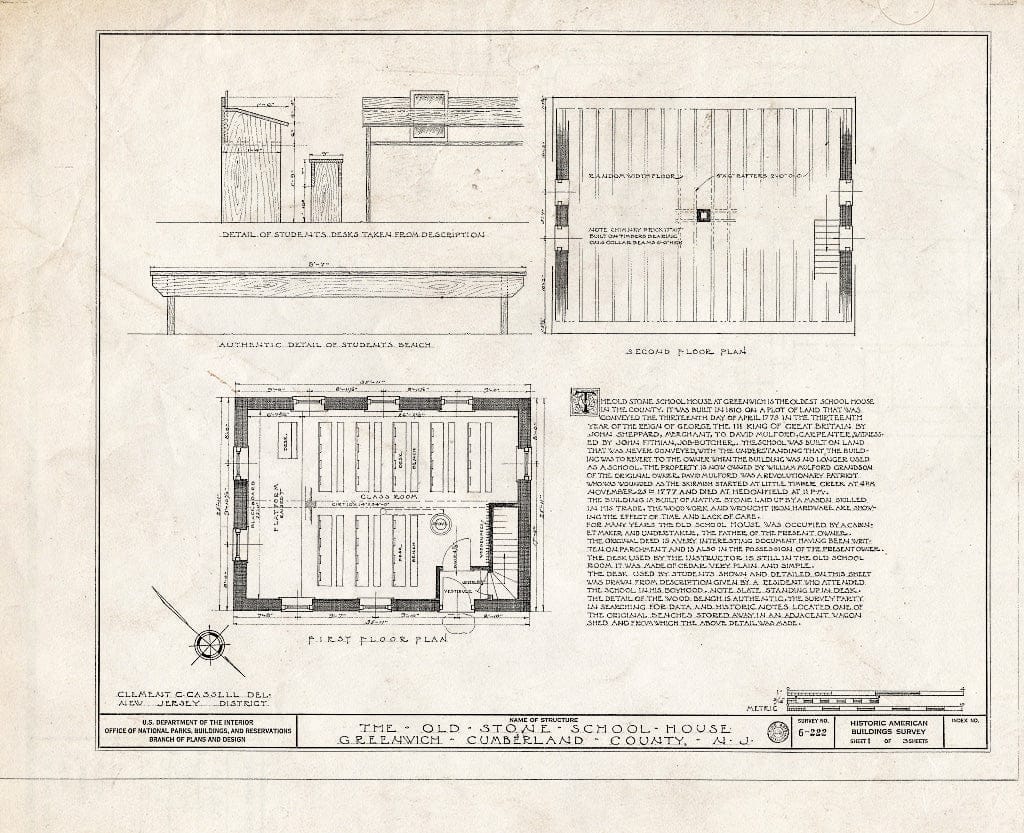 Historic Pictoric : Blueprint HABS NJ,6-GREWI,5- (Sheet 1 of 3) - Old Stone School House, Greenwich Street, Greenwich, Cumberland County, NJ