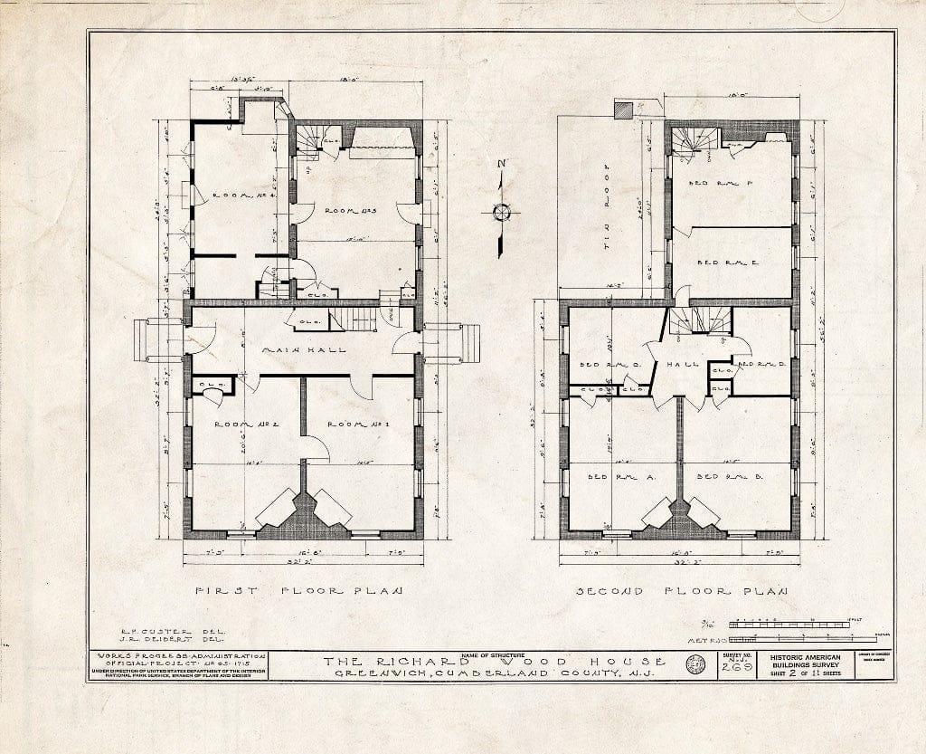 Historic Pictoric : Blueprint HABS NJ,6-GREWI,7- (Sheet 2 of 11) - Richard Wood House, Main Street & Bacon's Neck Road, Greenwich, Cumberland County, NJ