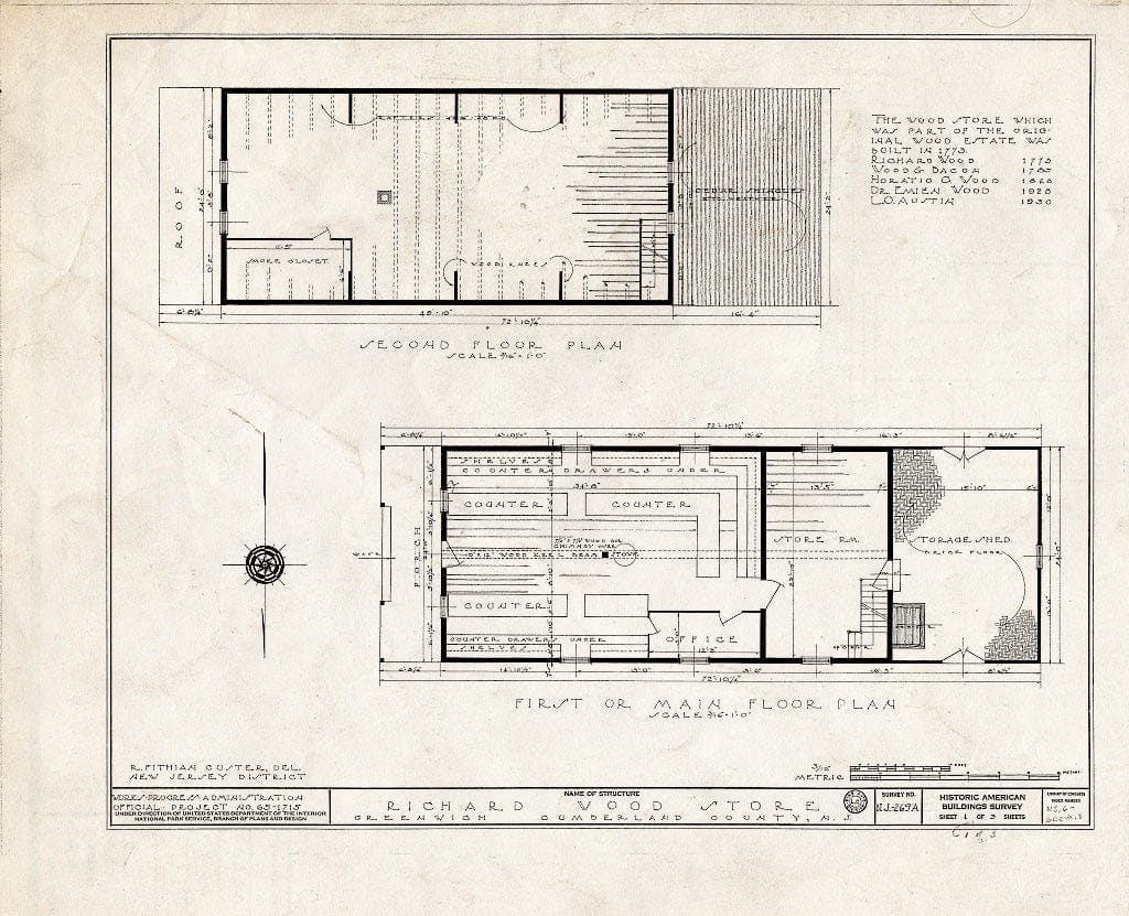 Historic Pictoric : Blueprint HABS NJ,6-GREWI,8- (Sheet 1 of 3) - Richard Wood Store, Main & Willow Streets, Greenwich, Cumberland County, NJ