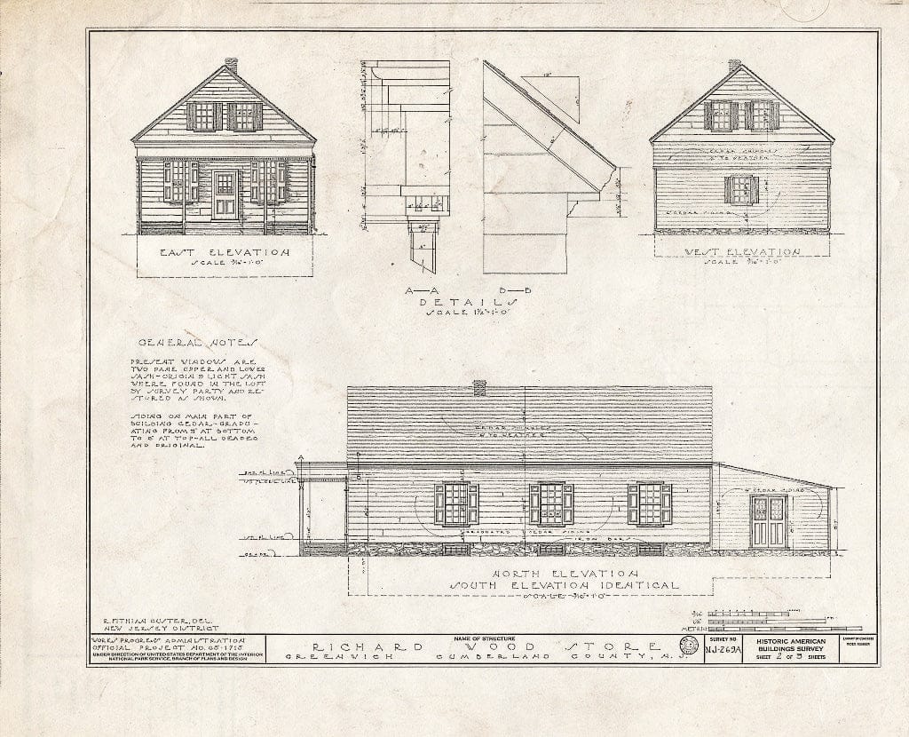 Historic Pictoric : Blueprint HABS NJ,6-GREWI,8- (Sheet 2 of 3) - Richard Wood Store, Main & Willow Streets, Greenwich, Cumberland County, NJ