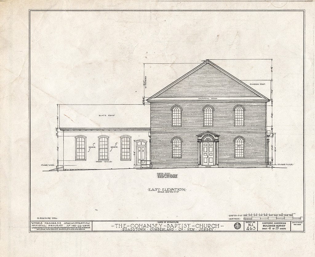 Historic Pictoric : Blueprint HABS NJ,6-ROATO,2- (Sheet 4 of 19) - Cohansey Baptist Church, Roadstown, Cumberland County, NJ