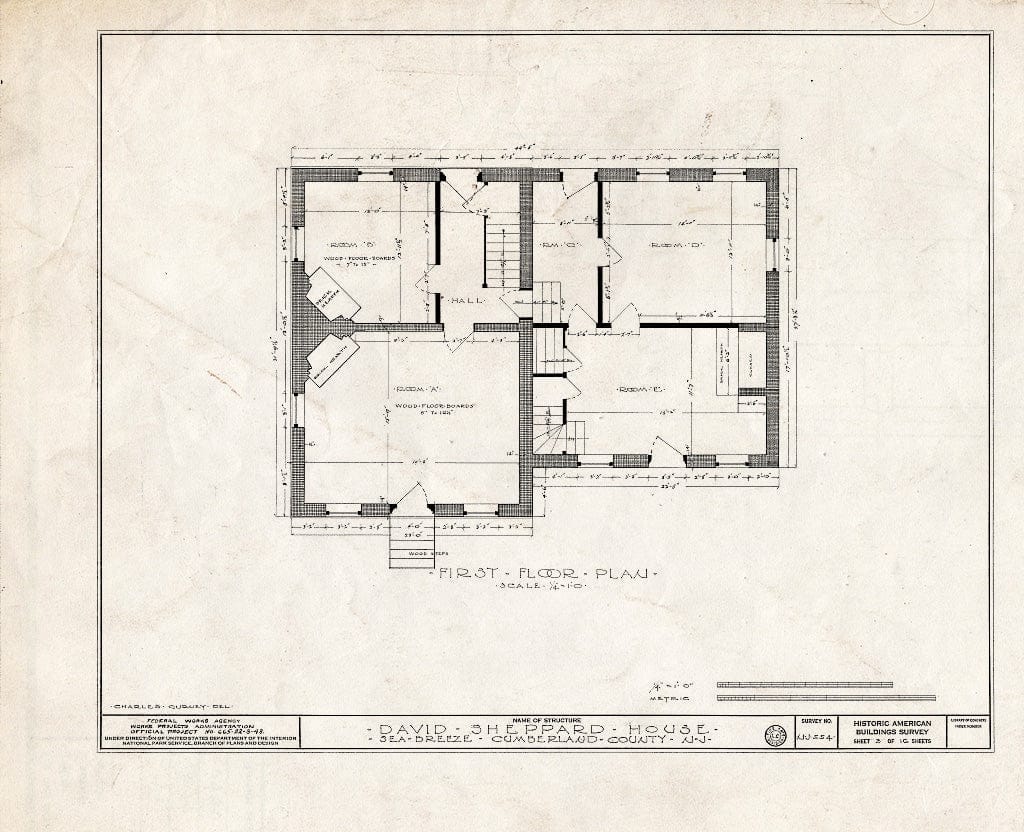 Historic Pictoric : Blueprint HABS NJ,6-GREWI.V,3- (Sheet 3 of 16) - David Sheppard House, Sea Breeze, Cumberland County, NJ