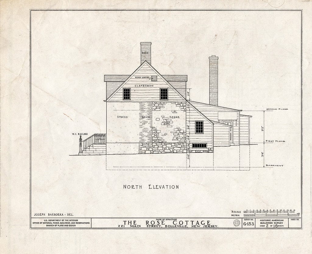 Historic Pictoric : Blueprint HABS NJ,7-BELVI,1- (Sheet 2 of 16) - Rose Cottage, 221 Main Street, Belleville, Essex County, NJ