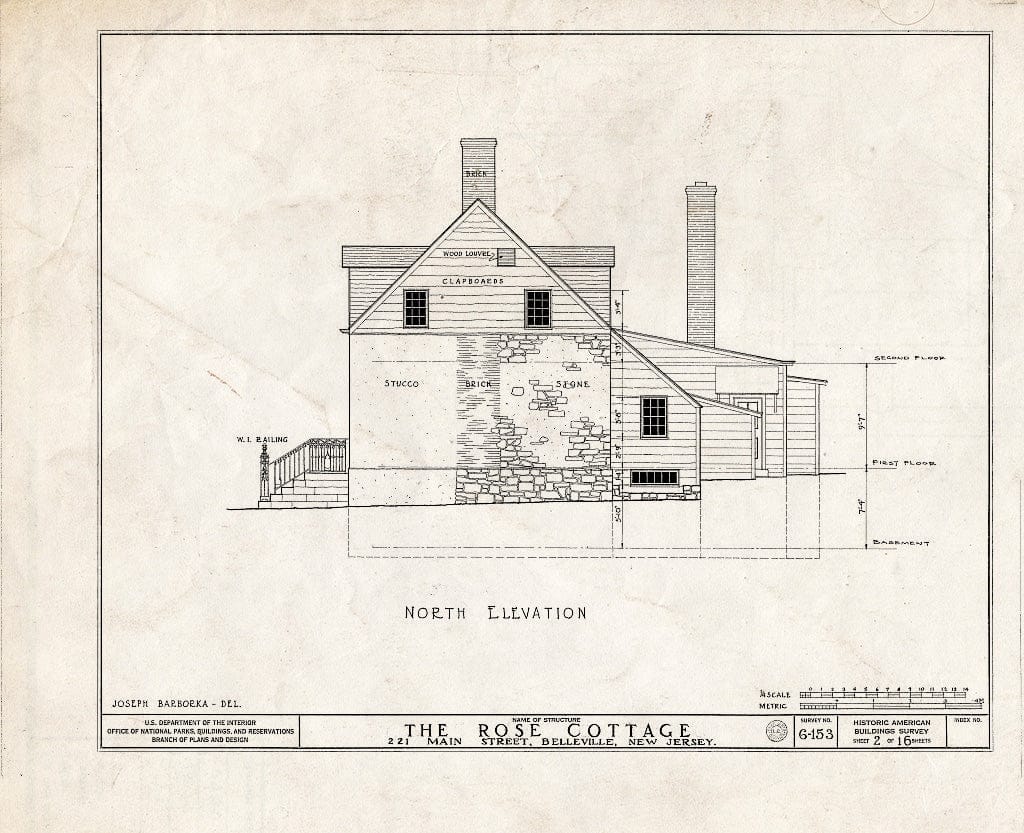 Historic Pictoric : Blueprint HABS NJ,7-BELVI,1- (Sheet 2 of 16) - Rose Cottage, 221 Main Street, Belleville, Essex County, NJ