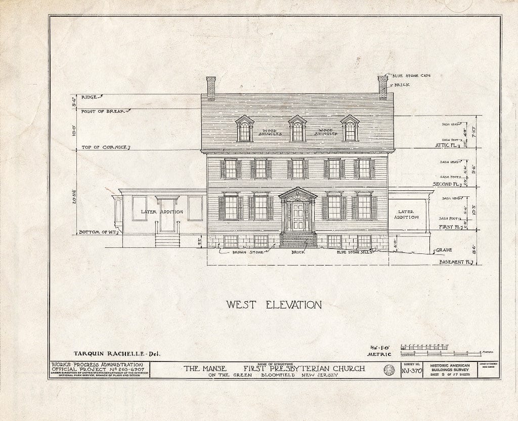 Historic Pictoric : Blueprint HABS NJ,7-BLOFI,2- (Sheet 5 of 17) - First Presbyterian Church on-The-Green, The Manse, Bloomfield, Essex County, NJ
