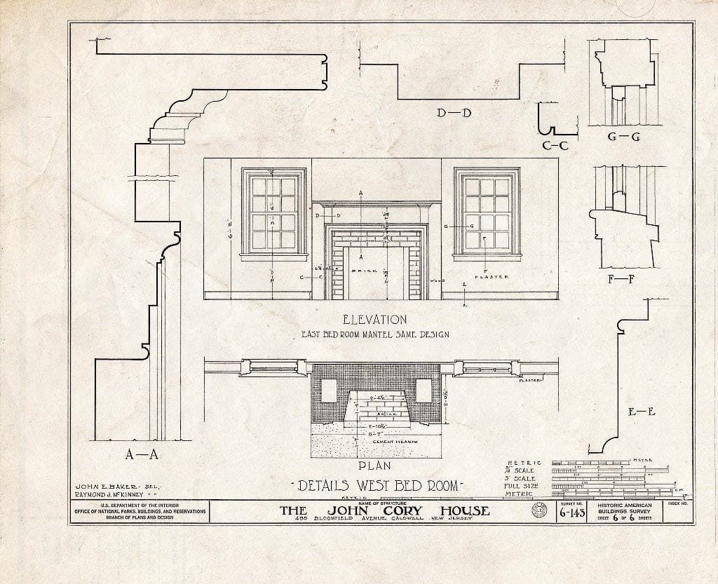 Historic Pictoric : Blueprint HABS NJ,7-CALD,1- (Sheet 6 of 6) - John Cory House, 485 Bloomfield Avenue, Caldwell, Essex County, NJ