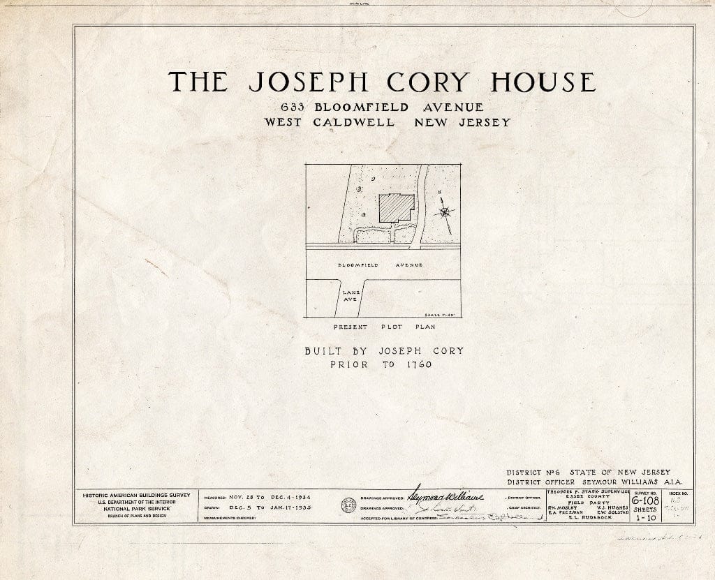 Historic Pictoric : Blueprint HABS NJ,7-CALDW,1- (Sheet 0 of 10) - Lane-Cory House, 633 Bloomfield Avenue, West Caldwell, Essex County, NJ