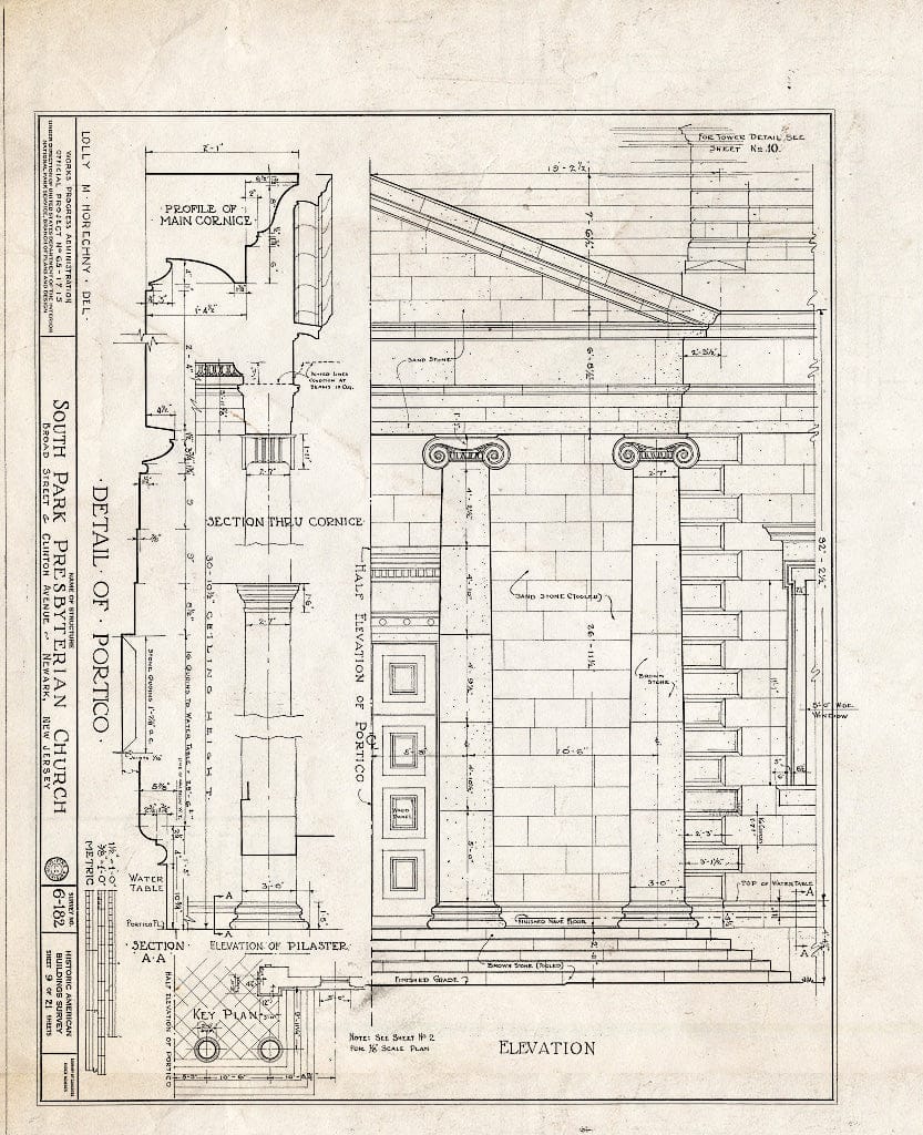 Historic Pictoric : Blueprint HABS NJ,7-NEARK,7- (Sheet 9 of 21) - South Park Presbyterian Church, Broad Street & Clinton Avenue, Newark, Essex County, NJ