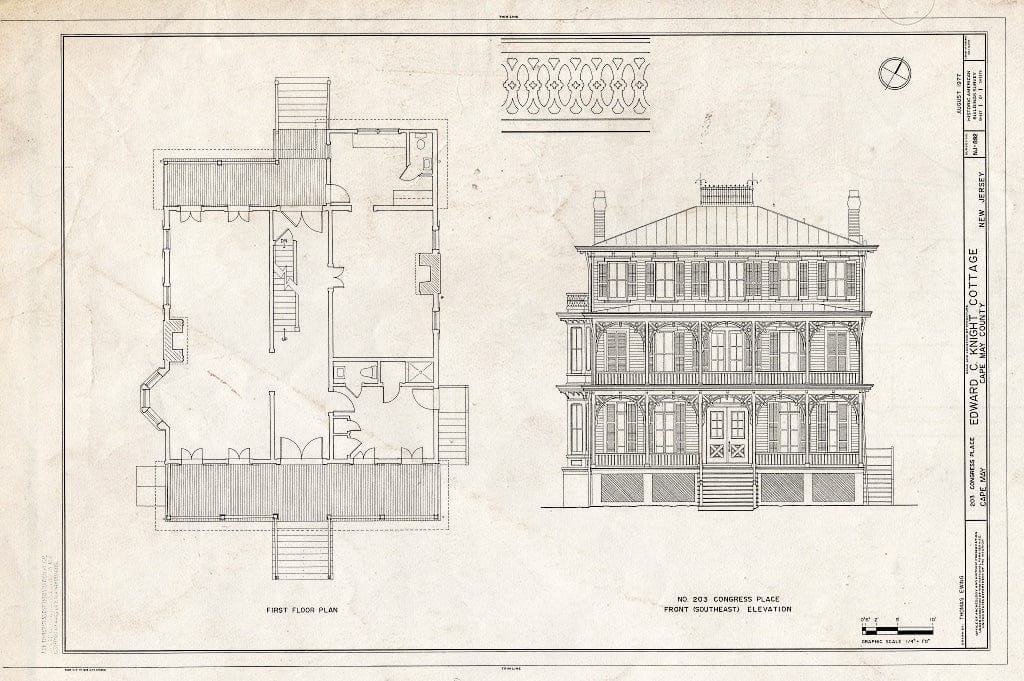 Historic Pictoric : Blueprint First Floor Plan, Front (Southeast) Elevation - Edward C. Knight Cottage, 203 Congress Place, Cape May, Cape May County, NJ