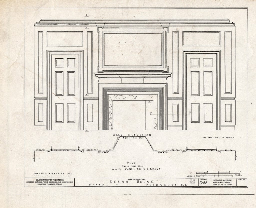 Blueprint Wall Elevation, Plan of Wall Paneling in Library - Dean's House, 73 Nassau Street, Princeton, Mercer County, NJ