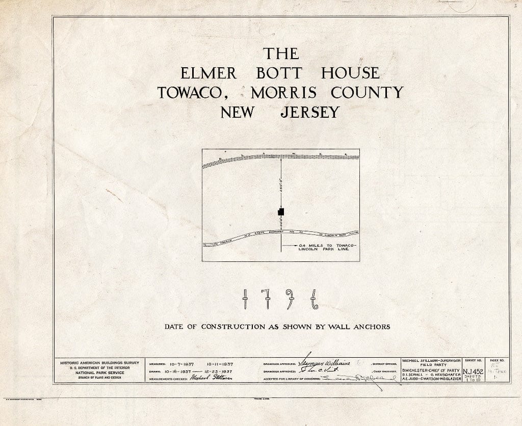 Blueprint HABS NJ,14-TOWA,1- (Sheet 0 of 10) - Elmer E. Bott House, State Highway No. 32, Towaco, Morris County, NJ