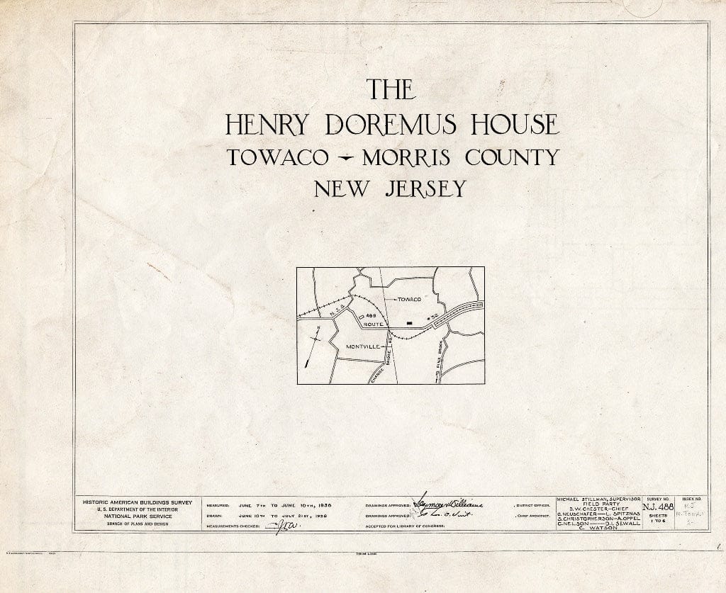 Blueprint HABS NJ,14-TOWA.V,2- (Sheet 0 of 6) - Henry Doremus House, State Route 32, Towaco, Morris County, NJ