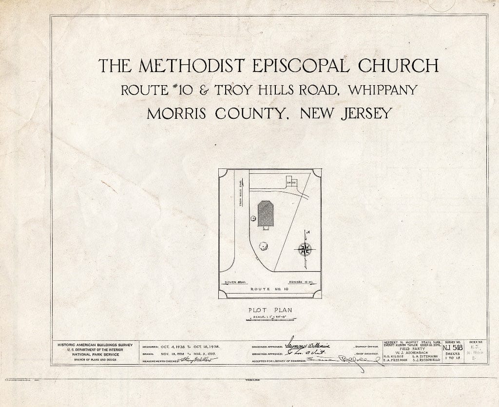 Blueprint HABS NJ,14-Whip,2- (Sheet 0 of 15) - Methodist Episcopal Church, Route 10, Troy Hills Road, Whippany, Morris County, NJ