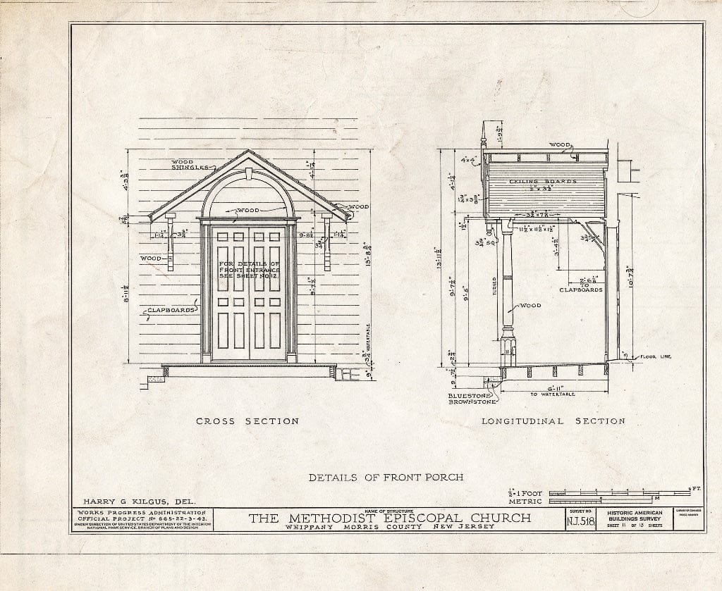 Blueprint HABS NJ,14-Whip,2- (Sheet 11 of 15) - Methodist Episcopal Church, Route 10, Troy Hills Road, Whippany, Morris County, NJ