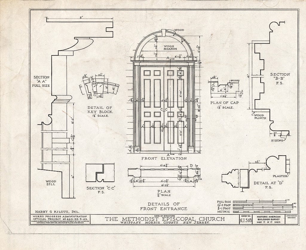 Blueprint HABS NJ,14-Whip,2- (Sheet 12 of 15) - Methodist Episcopal Church, Route 10, Troy Hills Road, Whippany, Morris County, NJ