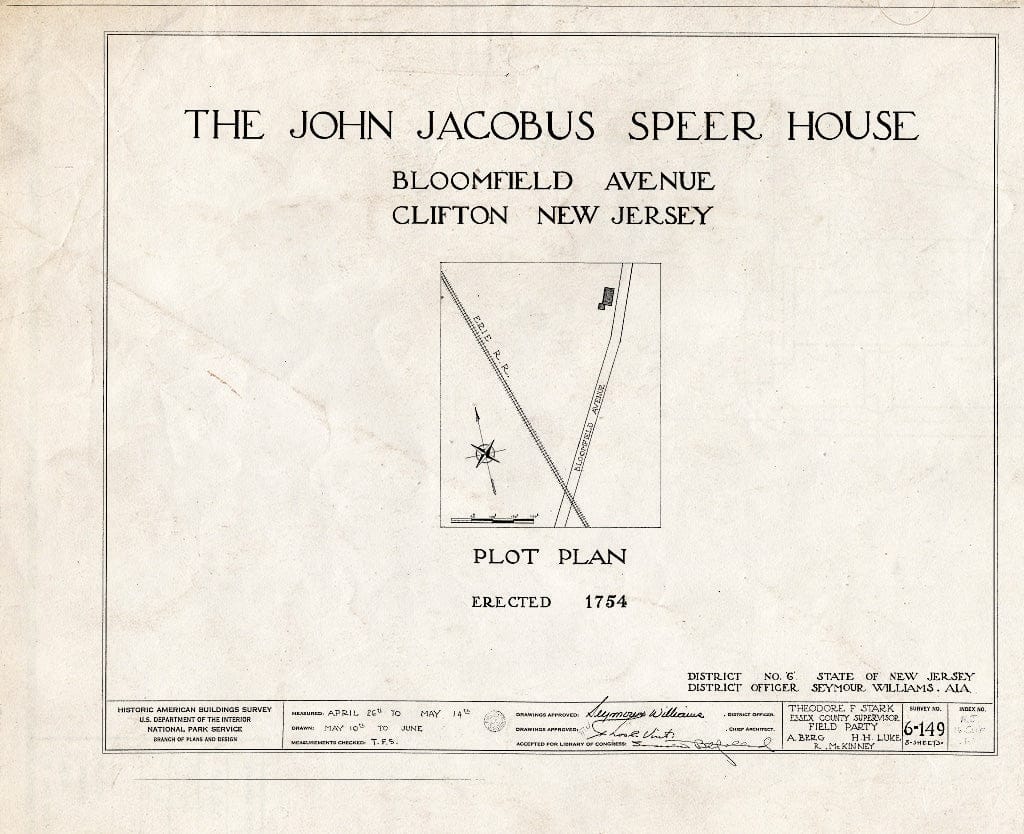 Blueprint HABS NJ,16-Clif,1- (Sheet 0 of 8) - John Jacobus Speer House, Bloomfield Avenue, Clifton, Passaic County, NJ