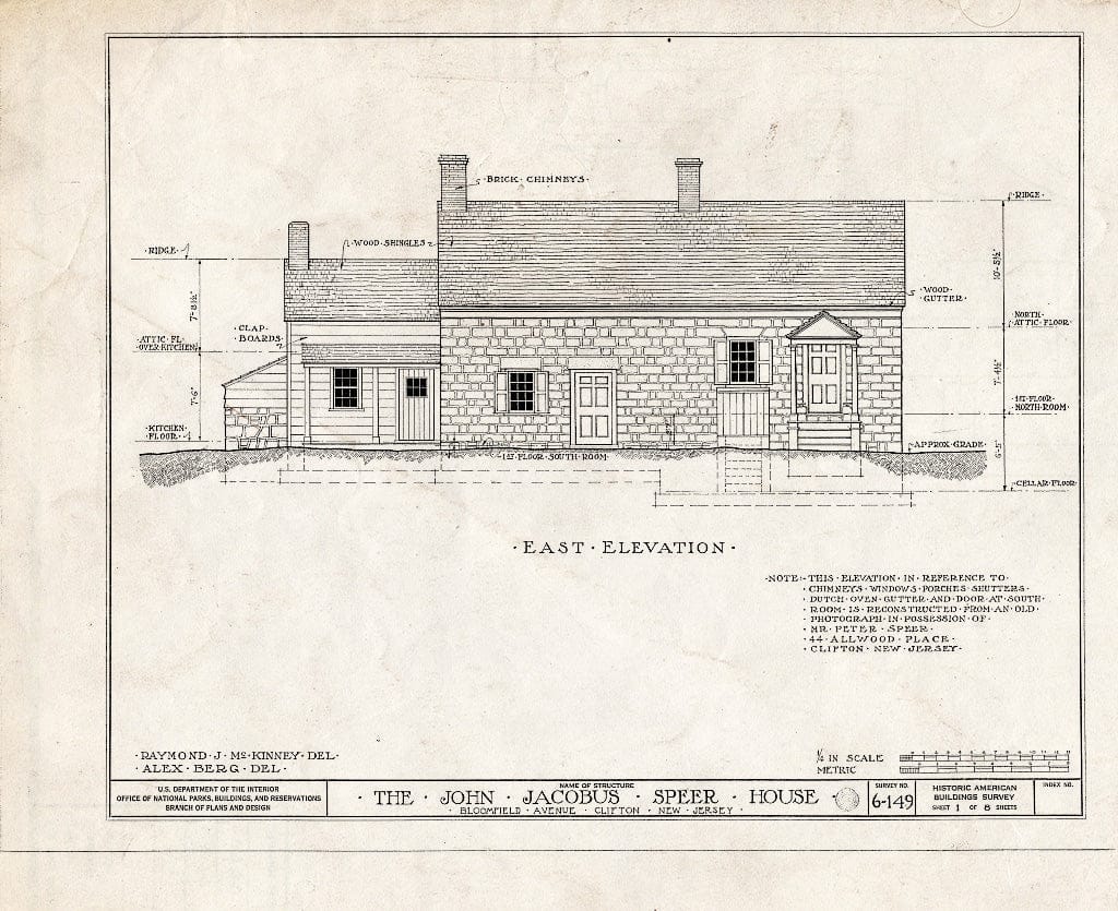 Blueprint HABS NJ,16-Clif,1- (Sheet 1 of 8) - John Jacobus Speer House, Bloomfield Avenue, Clifton, Passaic County, NJ