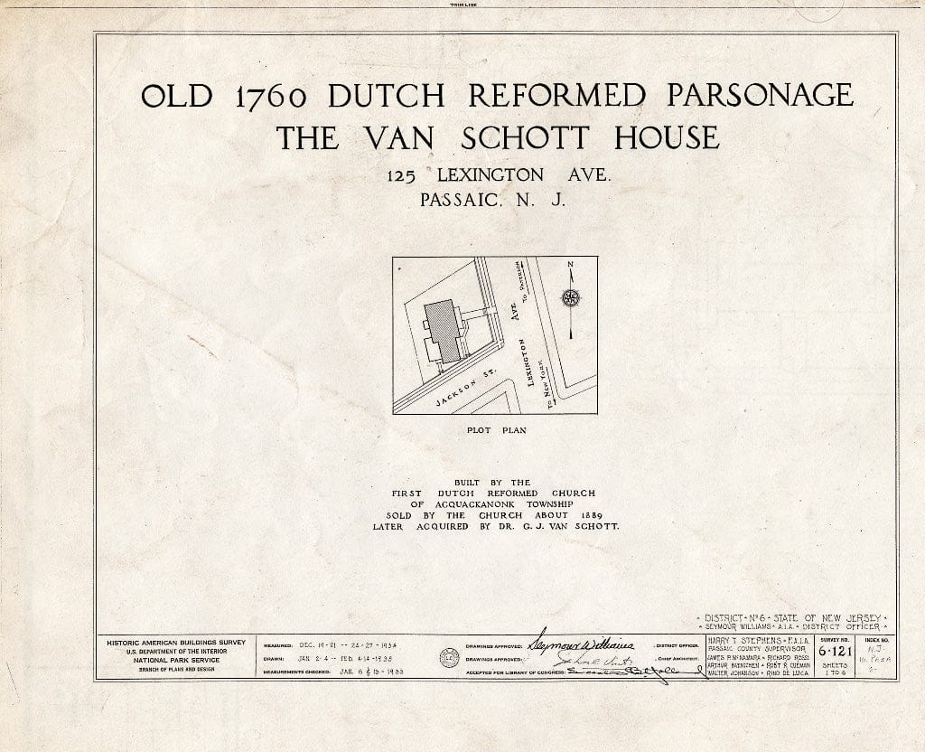Blueprint HABS NJ,16-PASA,2- (Sheet 0 of 6) - Van Schott House, 125 Lexington Avenue, Passaic, Passaic County, NJ