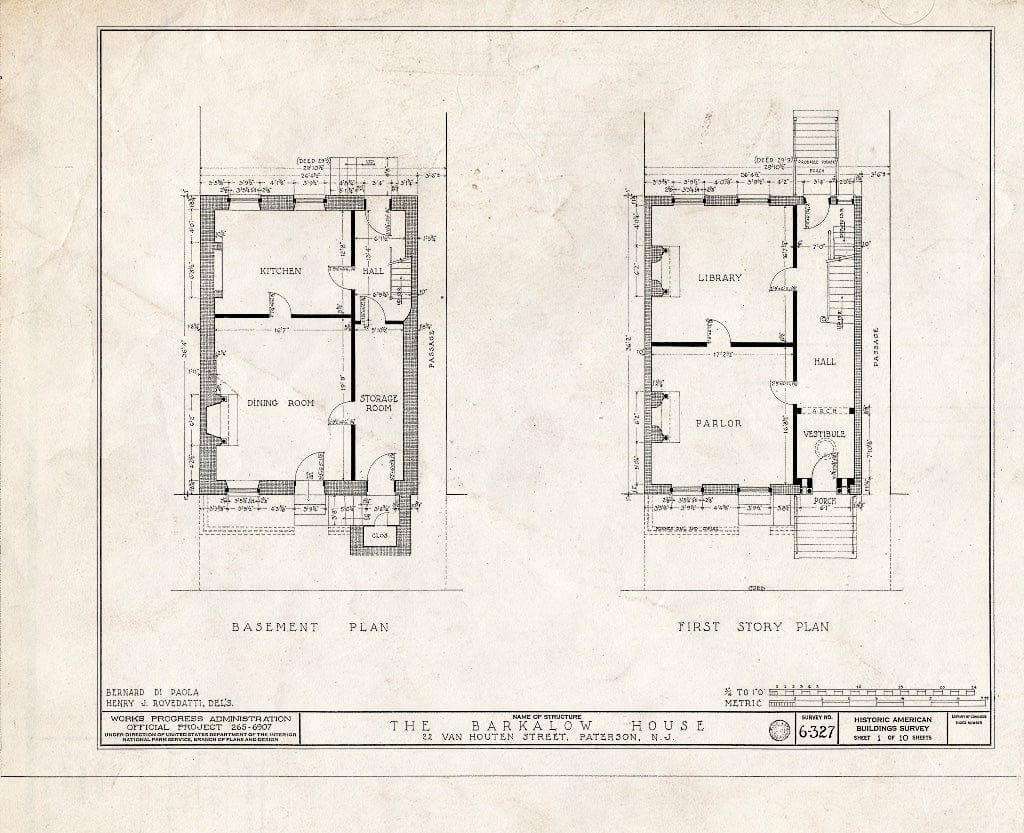 Blueprint HABS NJ,16-PAT,2- (Sheet 1 of 10) - Barkalow House, 22 Van Houten Street, Paterson, Passaic County, NJ