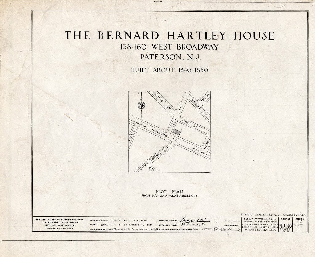 Blueprint HABS NJ,16-PAT,4- (Sheet 0 of 13) - Bernard Hartley House, 158-160 West Broadway, Paterson, Passaic County, NJ