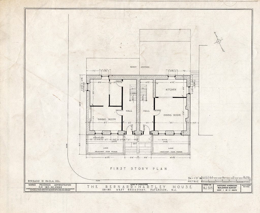 Blueprint HABS NJ,16-PAT,4- (Sheet 1 of 13) - Bernard Hartley House, 158-160 West Broadway, Paterson, Passaic County, NJ