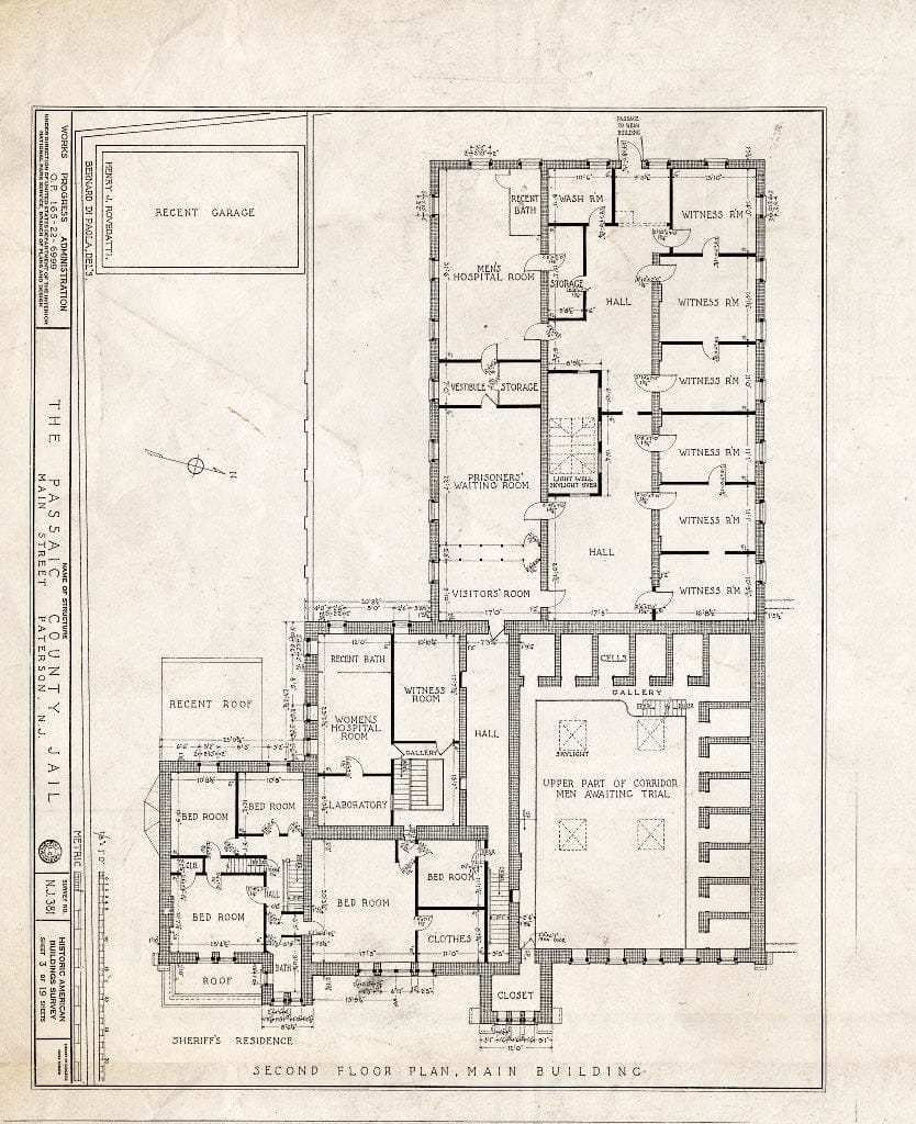Blueprint HABS NJ,16-PAT,3- (Sheet 3 of 19) - Passaic County Jail & Sheriff's House, Main Street, Paterson, Passaic County, NJ