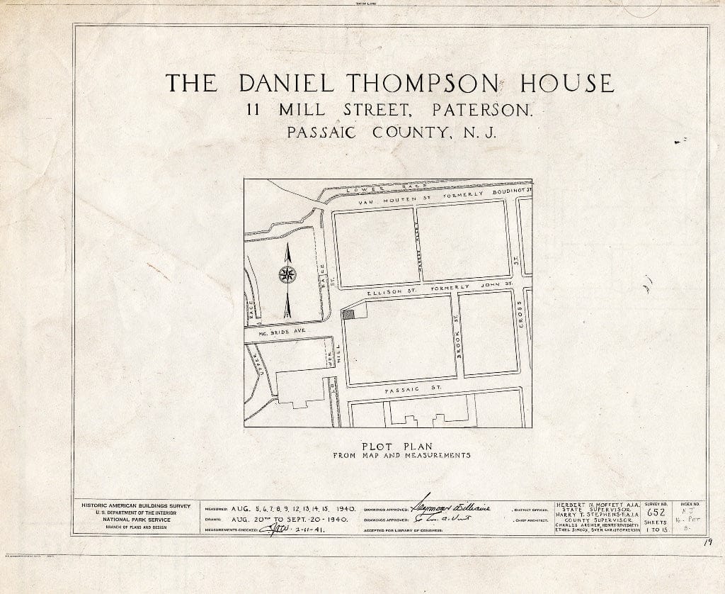 Blueprint HABS NJ,16-PAT,5- (Sheet 0 of 15) - Daniel Thompson House, 11 Mill Street, Paterson, Passaic County, NJ