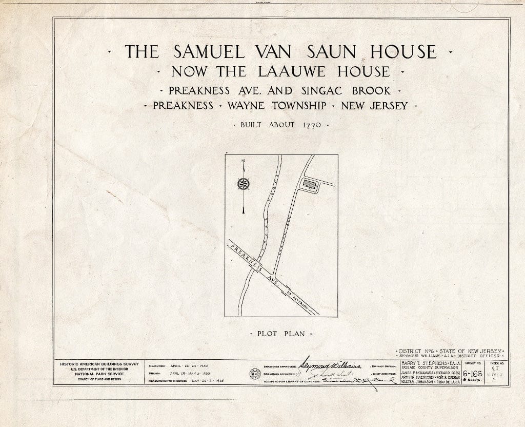 Blueprint HABS NJ,16-PREK,2- (Sheet 0 of 8) - Van Saun House, Preakness Avenue & Singac Brook, Preakness, Passaic County, NJ