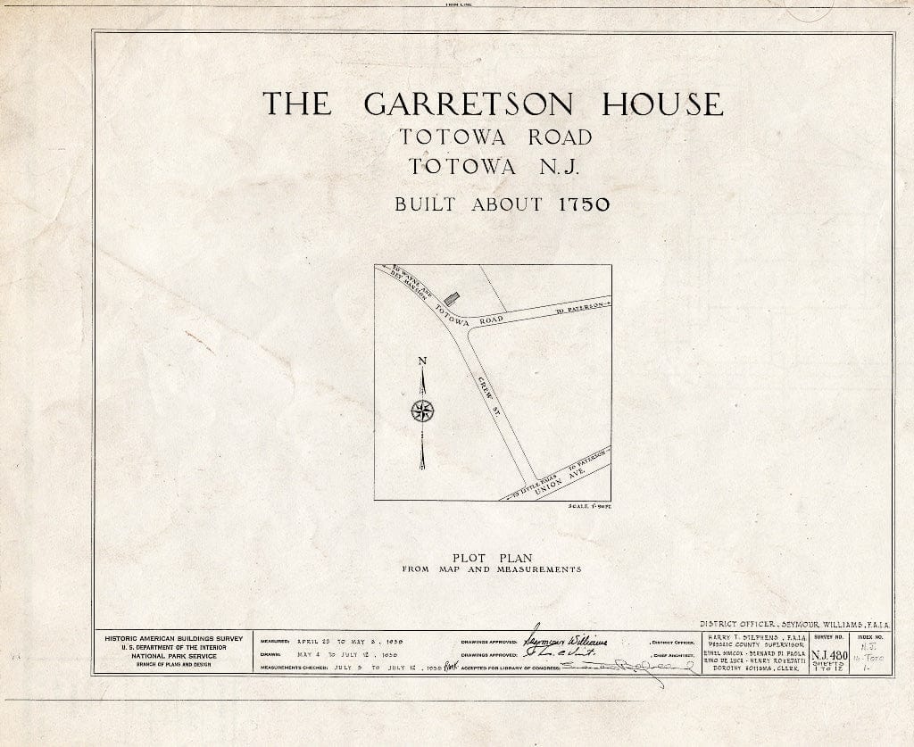 Blueprint HABS NJ,16-TOTO,1- (Sheet 0 of 12) - Van Allen-Garretson House, Totowa Road, Totowa, Passaic County, NJ