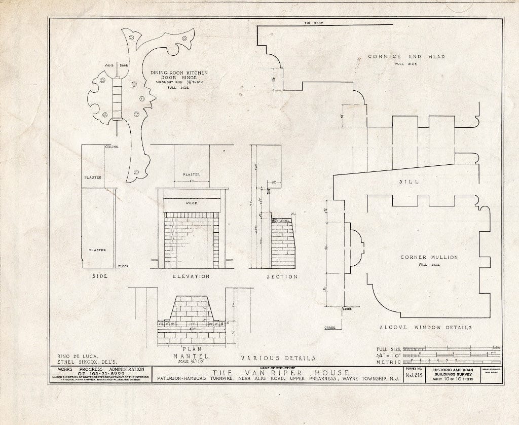 Blueprint HABS NJ,16-PAT.V,1- (Sheet 10 of 10) - Van Riper House, Paterson, Passaic County, NJ