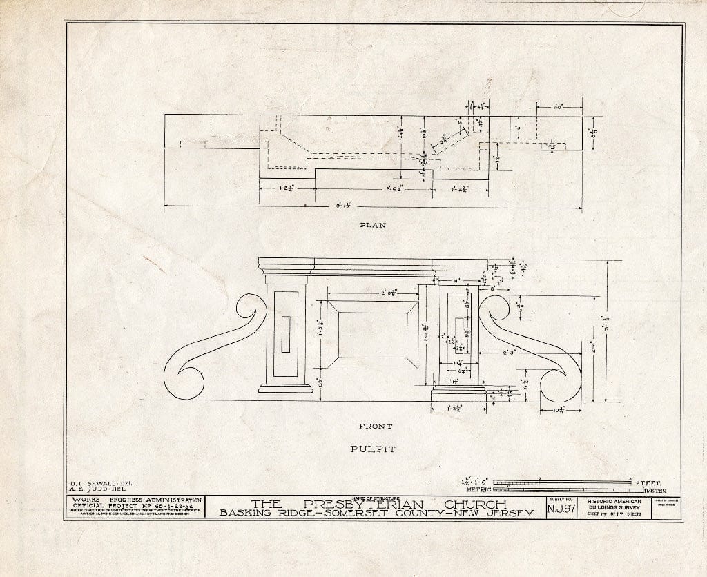 Blueprint HABS NJ,18-BASK,1- (Sheet 13 of 17) - Presbyterian Church, Finley Avenue, Basking Ridge, Somerset County, NJ