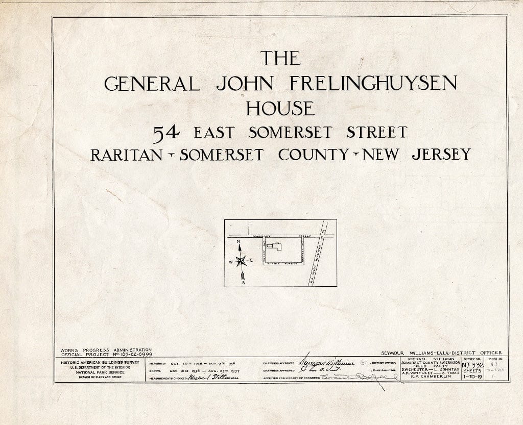 Blueprint HABS NJ,18-RAR,1- (Sheet 0 of 19) - General John Frelinghuysen House, 54 East Somerset Street, Raritan, Somerset County, NJ