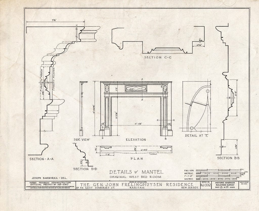 Blueprint HABS NJ,18-RAR,1- (Sheet 15 of 19) - General John Frelinghuysen House, 54 East Somerset Street, Raritan, Somerset County, NJ