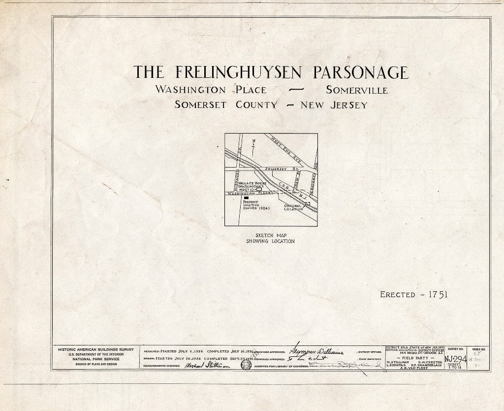 Blueprint HABS NJ,18-SOMVI,2- (Sheet 0 of 14) - Frelinghuysen Parsonage, Washington Place, Somerville, Somerset County, NJ