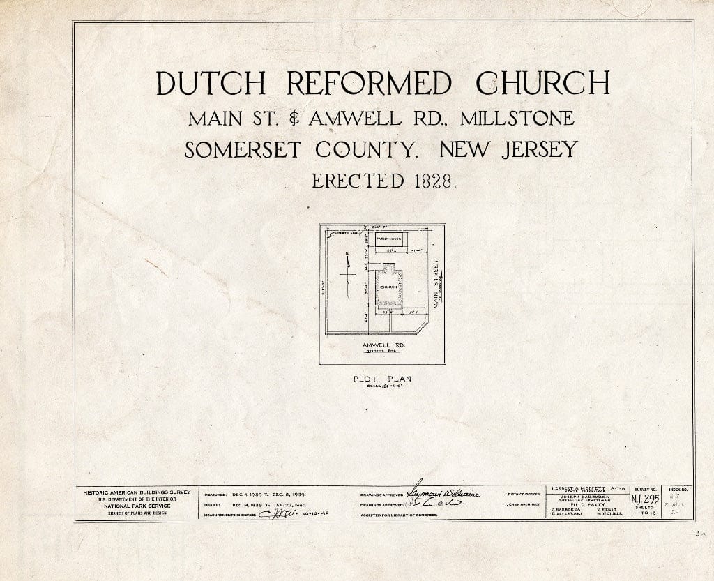 Blueprint HABS NJ,18-MIL,2- (Sheet 0 of 13) - Dutch Reformed Church, Amwell Road & Main Street, Millstone, Somerset County, NJ