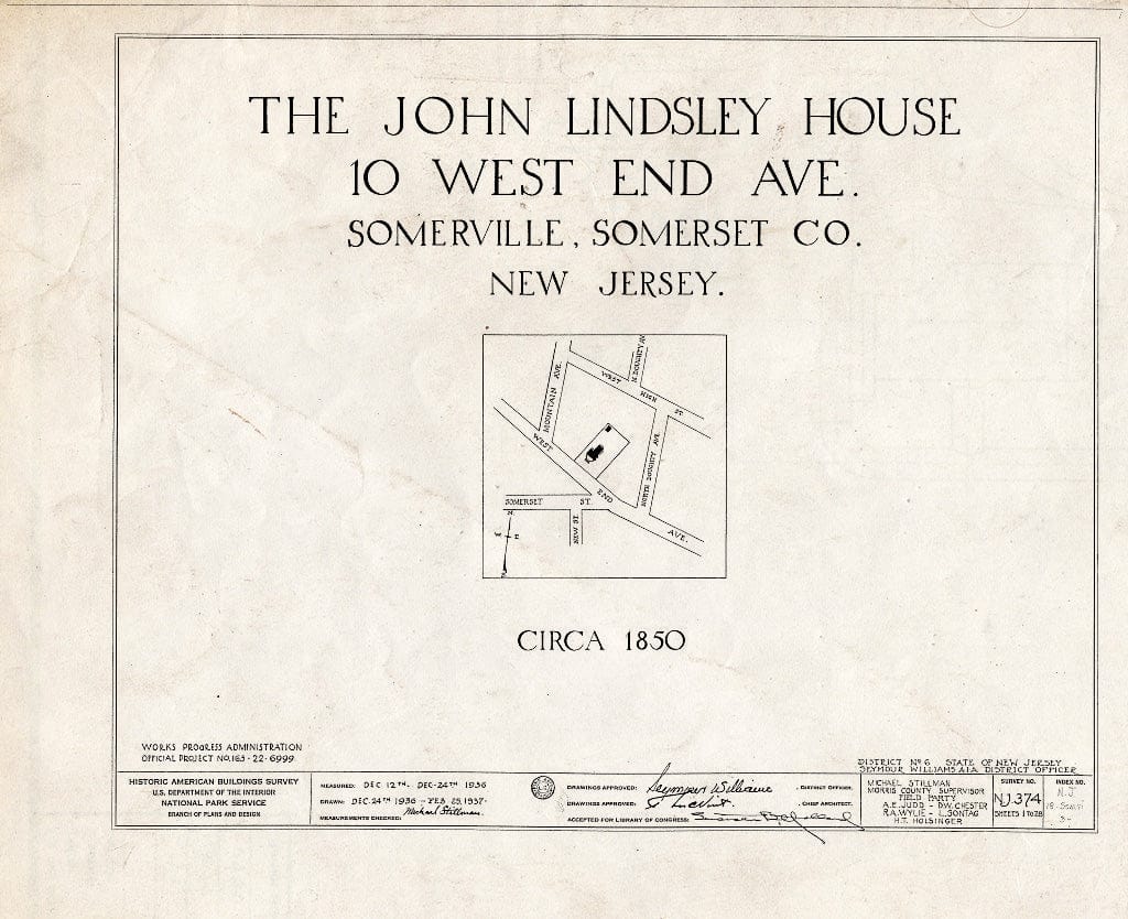 Blueprint HABS NJ,18-SOMVI,3- (Sheet 0 of 28) - John Lindsley House, 10 West End Avenue, Somerville, Somerset County, NJ