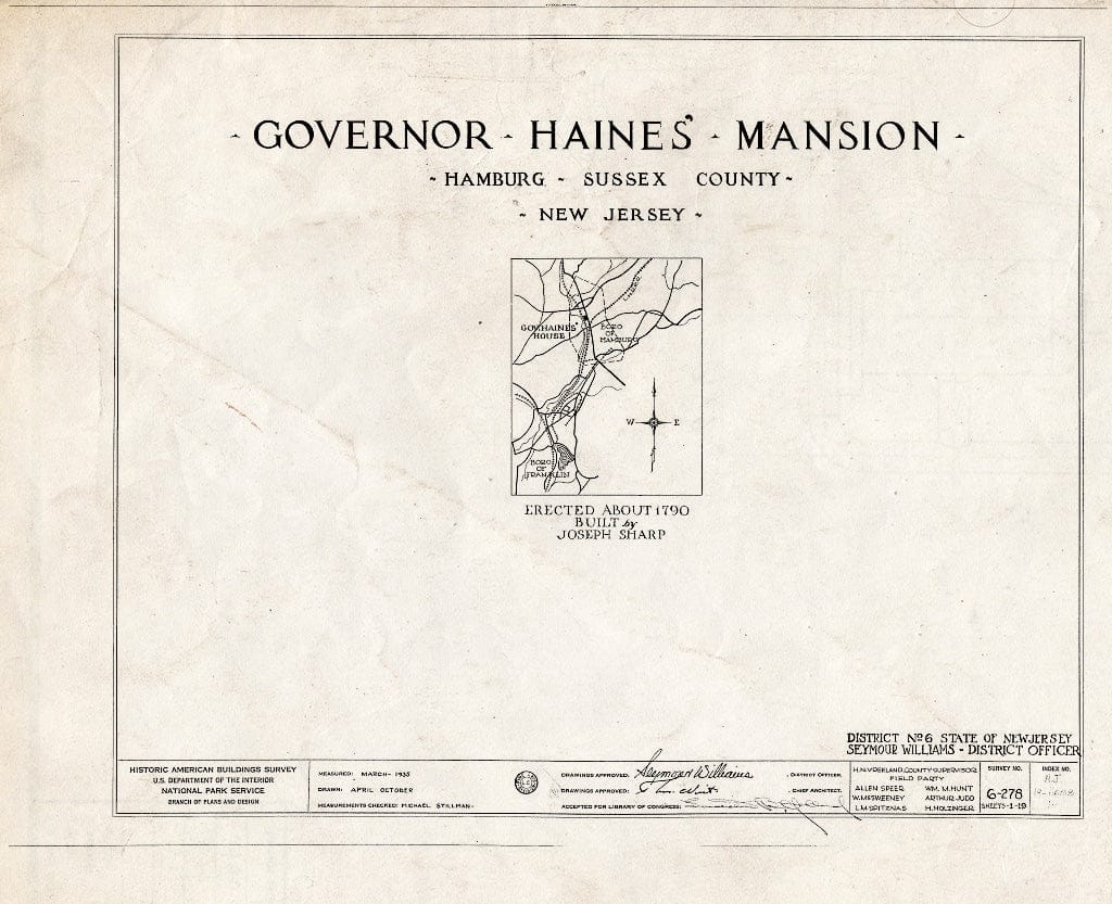 Blueprint HABS NJ,19-HAMB,1- (Sheet 0 of 19) - Governor Haines Mansion, Hamburg, Sussex County, NJ