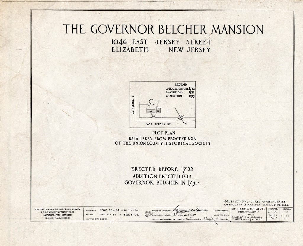 Blueprint HABS NJ,20-ELI,6- (Sheet 0 of 13) - Governor Belcher Mansion, 1046 East Jersey Street, Elizabeth, Union County, NJ