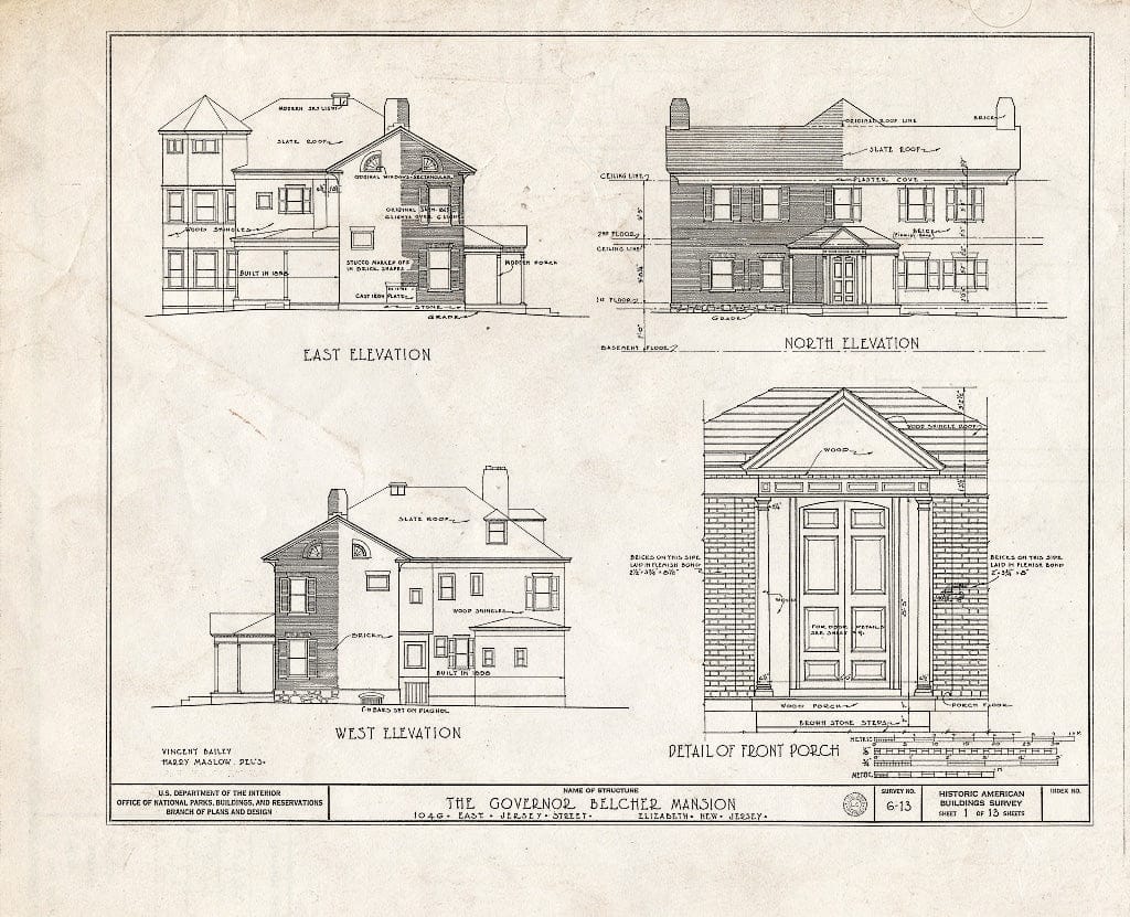 Blueprint HABS NJ,20-ELI,6- (Sheet 1 of 13) - Governor Belcher Mansion, 1046 East Jersey Street, Elizabeth, Union County, NJ