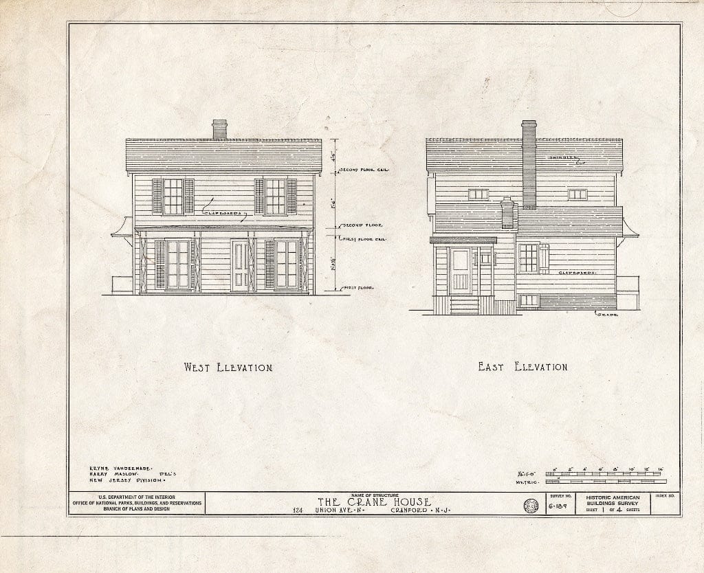 Blueprint HABS NJ,20-CRANF,1- (Sheet 1 of 4) - Crane House, 124 Union Avenue, North, Cranford, Union County, NJ