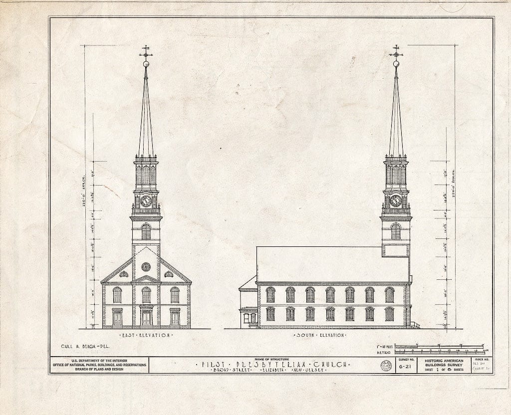 Blueprint 1. East and South elevations - First Presbyterian Church, Broad Street, Elizabeth, Union County, NJ