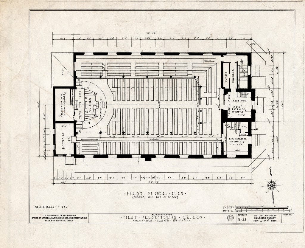 Blueprint 2. First Floor Plan (Including Half Plan of Balcony) - First Presbyterian Church, Broad Street, Elizabeth, Union County, NJ