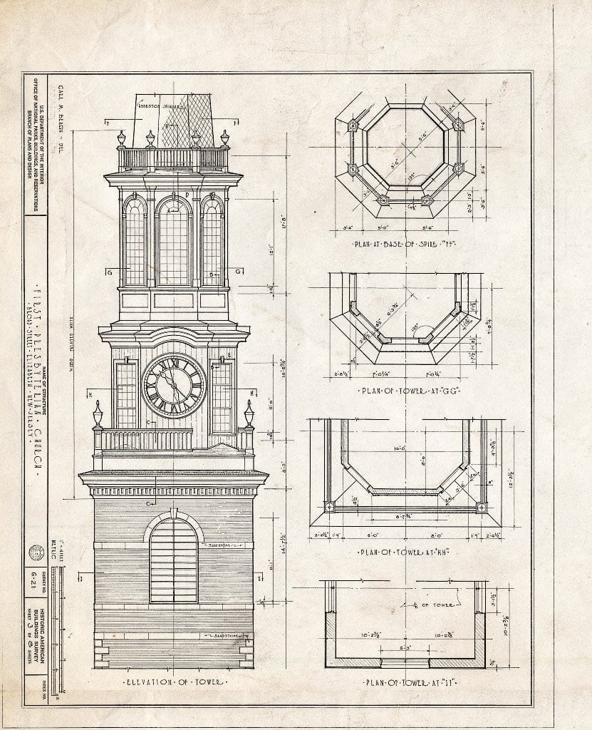Blueprint 3. Tower Elevation and Plans - First Presbyterian Church, Broad Street, Elizabeth, Union County, NJ