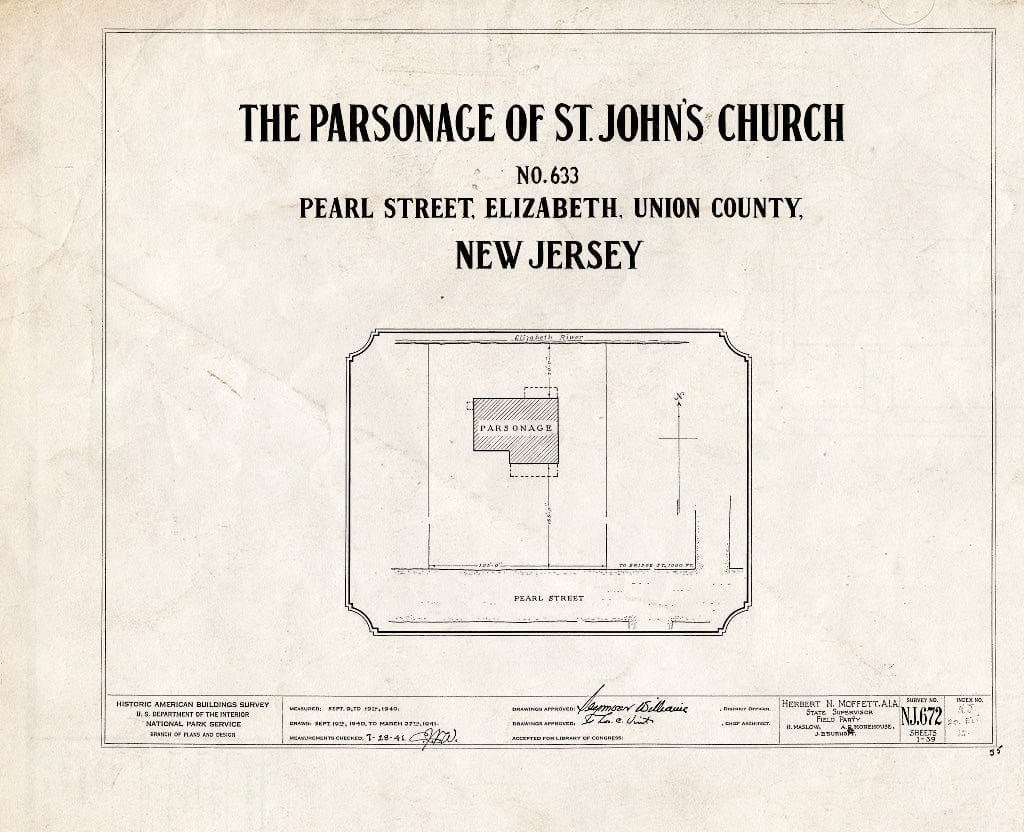 Blueprint HABS NJ,20-ELI,12- (Sheet 0 of 39) - St. John's Church, Parsonage, 633 Pearl Street, Elizabeth, Union County, NJ
