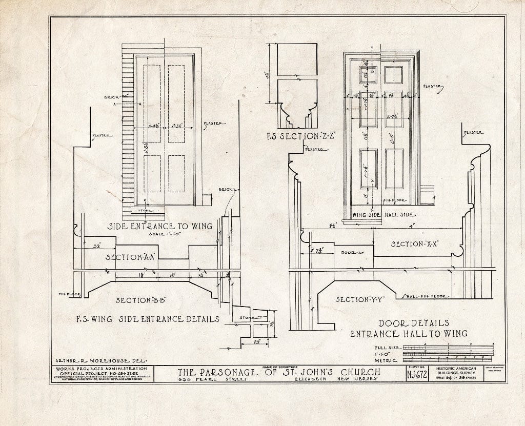 Blueprint HABS NJ,20-ELI,12- (Sheet 34 of 39) - St. John's Church, Parsonage, 633 Pearl Street, Elizabeth, Union County, NJ