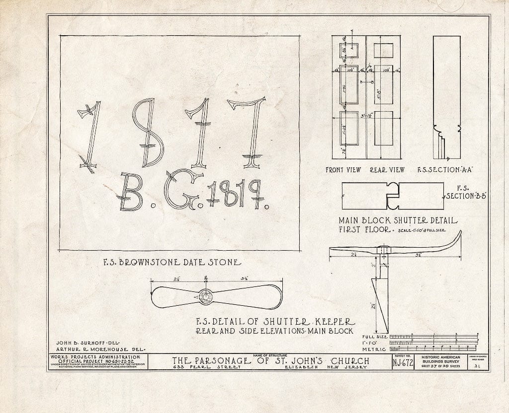 Blueprint HABS NJ,20-ELI,12- (Sheet 37 of 39) - St. John's Church, Parsonage, 633 Pearl Street, Elizabeth, Union County, NJ