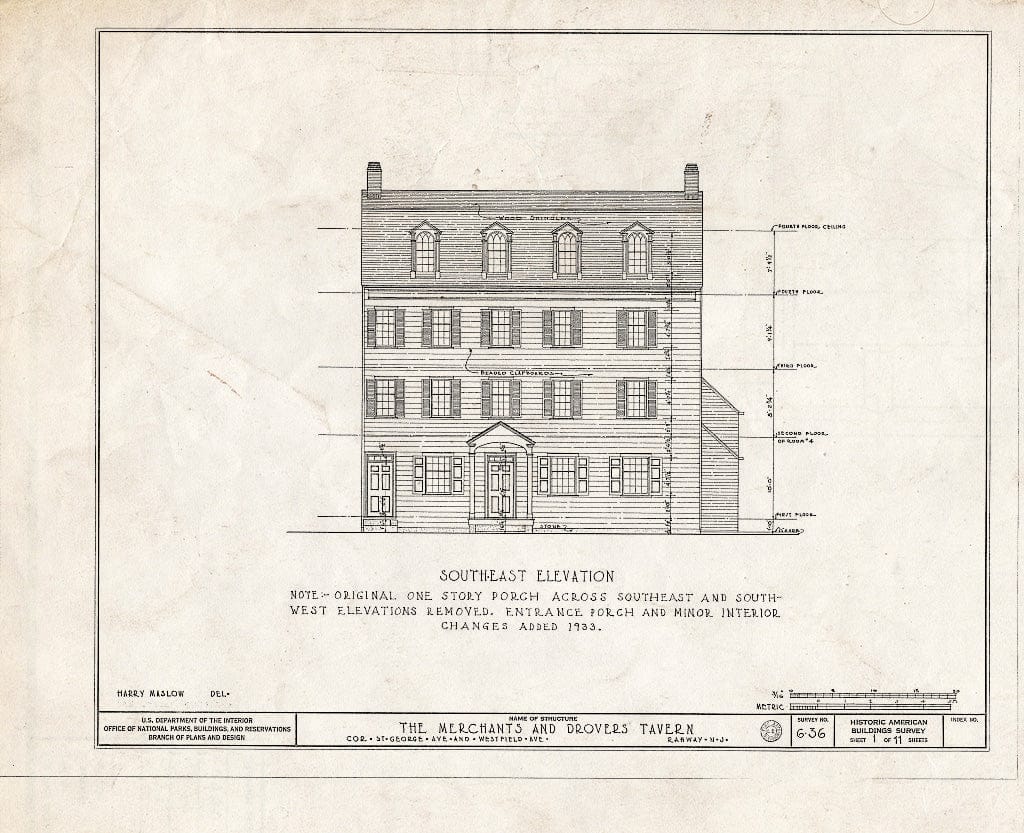 Blueprint HABS NJ,20-RAH,1- (Sheet 1 of 11) - Merchant & Drovers Tavern, Saint George's & Westfield Avenues, Rahway, Union County, NJ