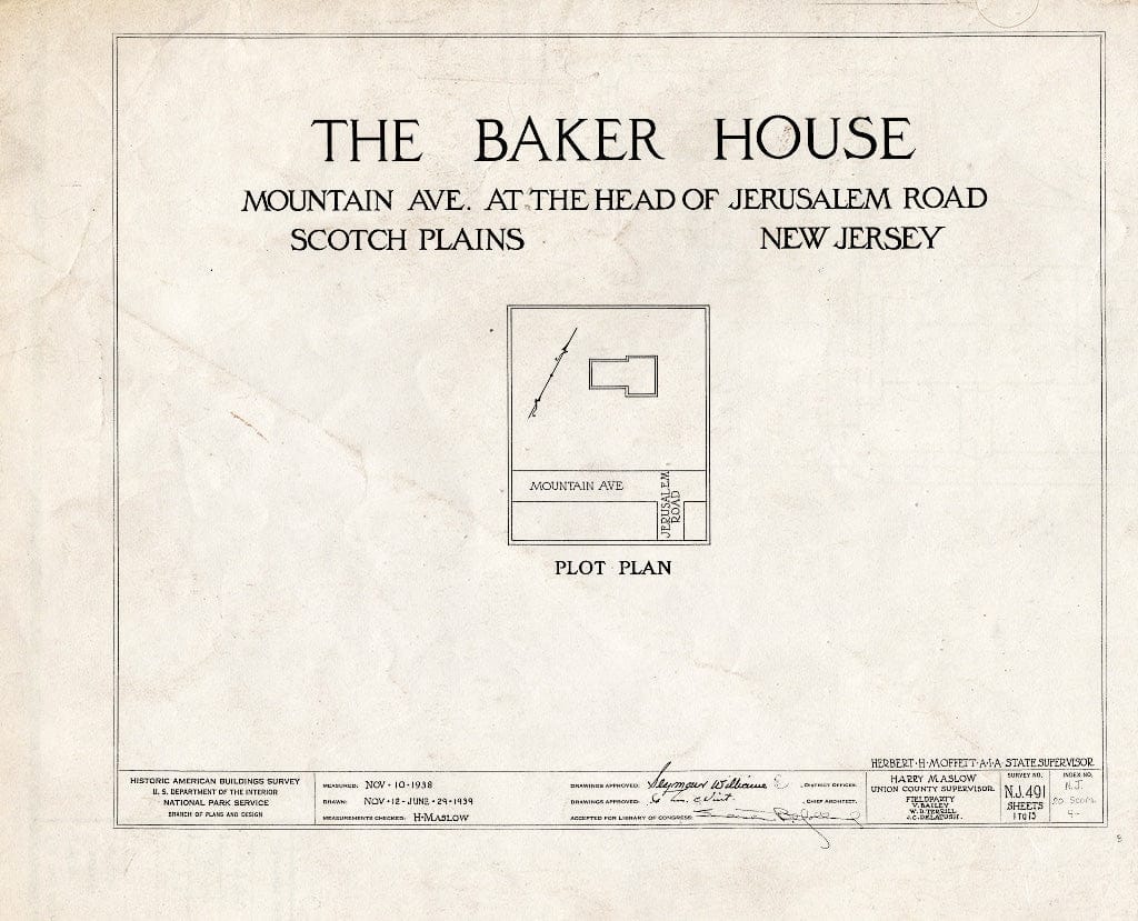 Blueprint HABS NJ,20-SCOPL,4- (Sheet 0 of 15) - Baker House, 2511 Mountain Avenue & Jerusalem Road, Scotch Plains, Union County, NJ
