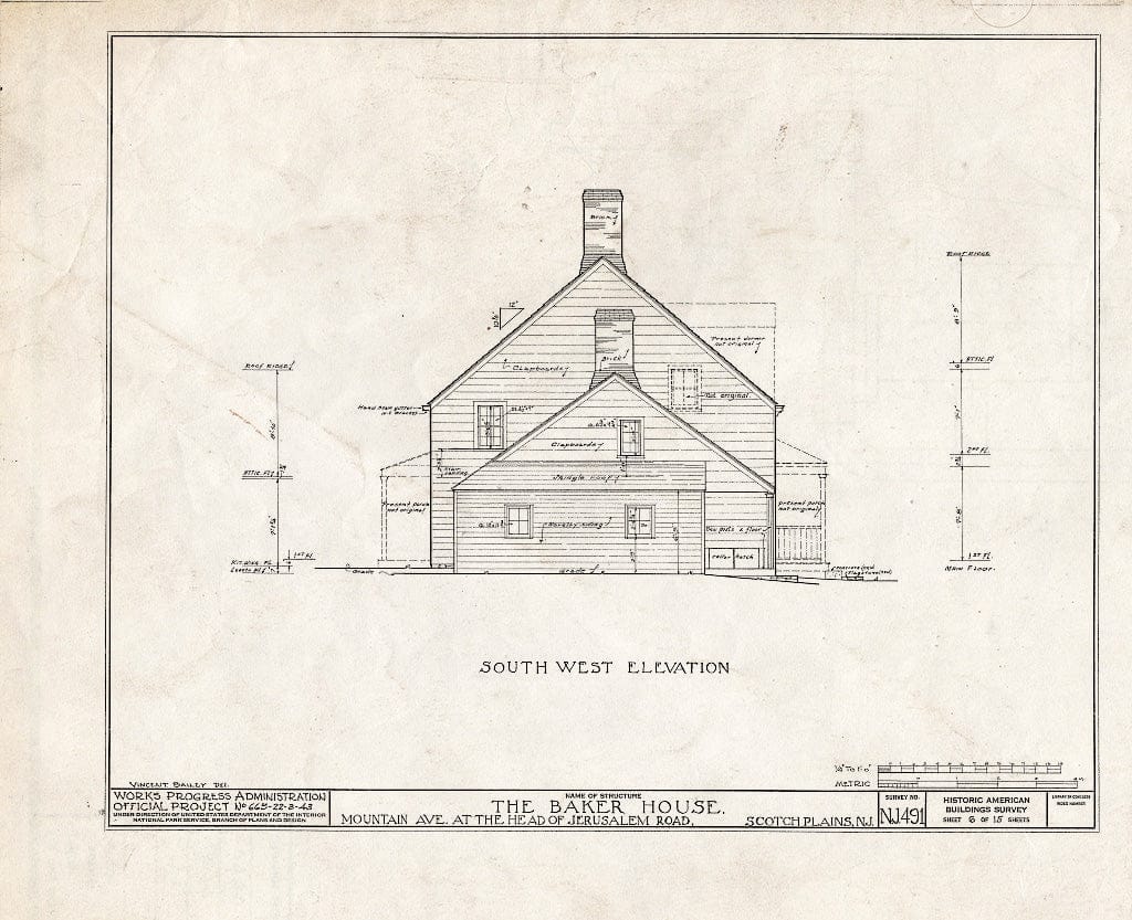 Blueprint HABS NJ,20-SCOPL,4- (Sheet 6 of 15) - Baker House, 2511 Mountain Avenue & Jerusalem Road, Scotch Plains, Union County, NJ